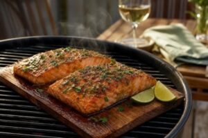 Zwei gegrillte Lachsfilets auf einer Zedernholzplanke mit Limette und Weißwein