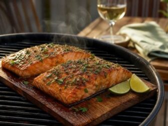 Zwei gegrillte Lachsfilets auf einer Zedernholzplanke mit Limette und Weißwein