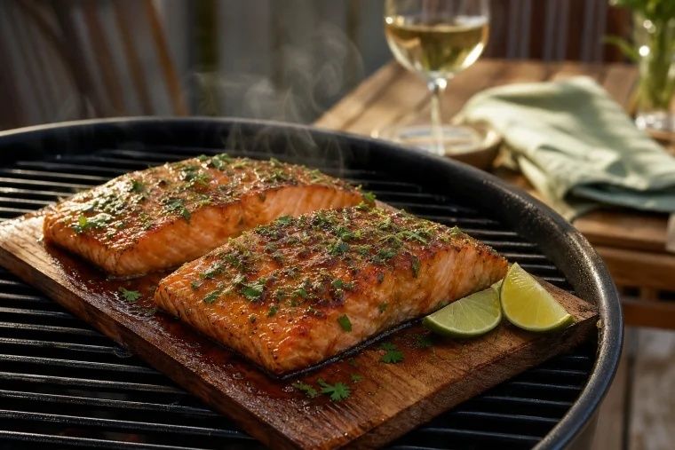 Zwei gegrillte Lachsfilets auf einer Zedernholzplanke mit Limette und Weißwein